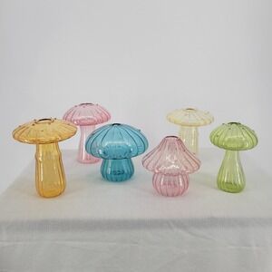 Set of 6 Mushroom Glass Bud Vases Colorful Ribbed Cottagecore Decor 3-5 inch